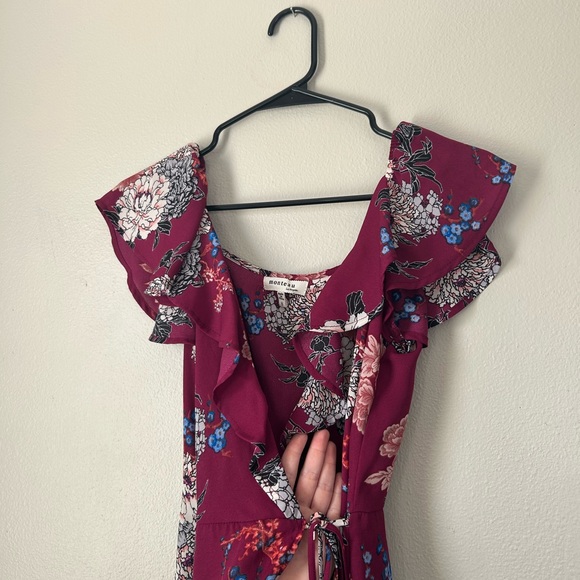 Monteau Wine Floral Ruffle Wrap Midi Dress - Picture 6 of 9